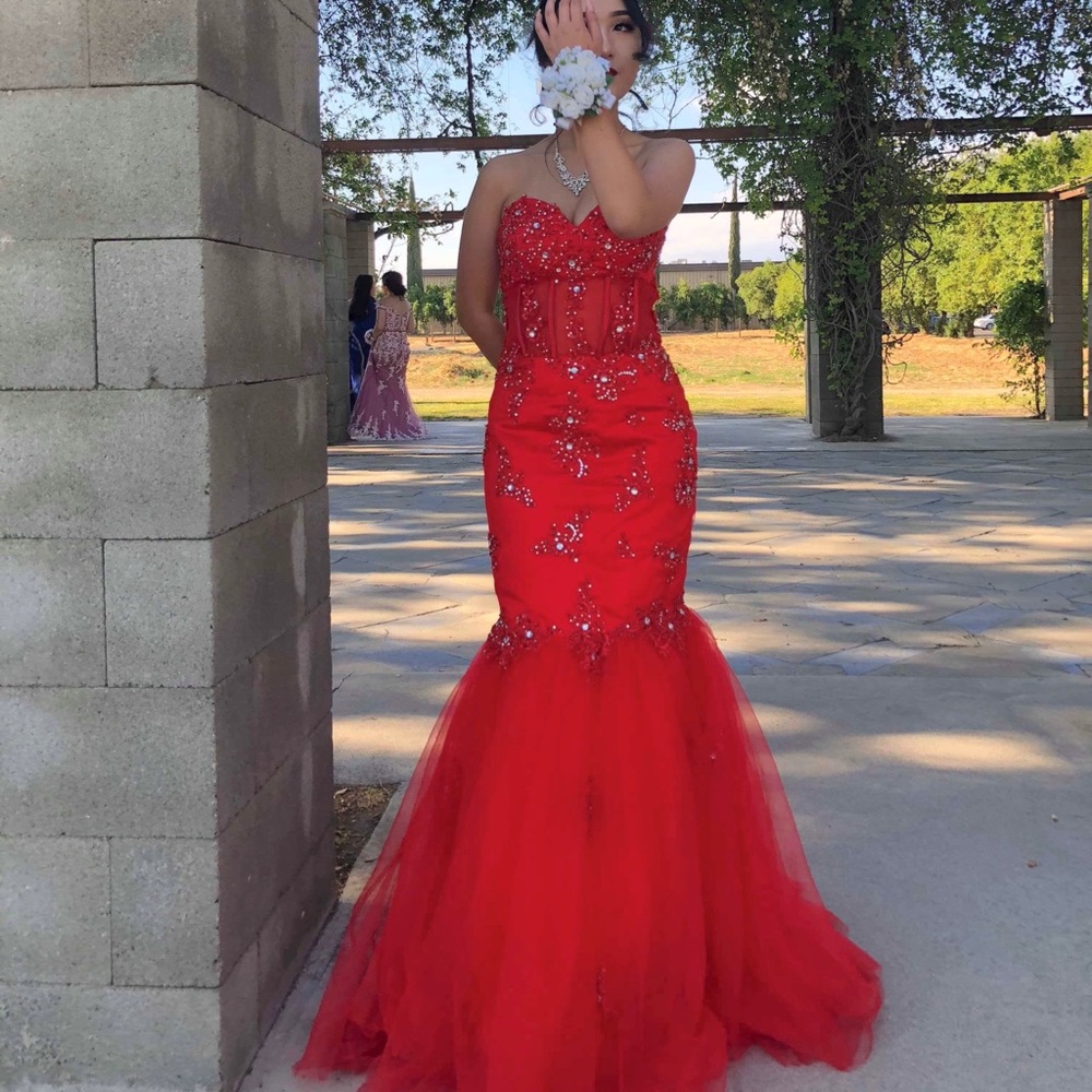 Red beaded/tulle prom dress